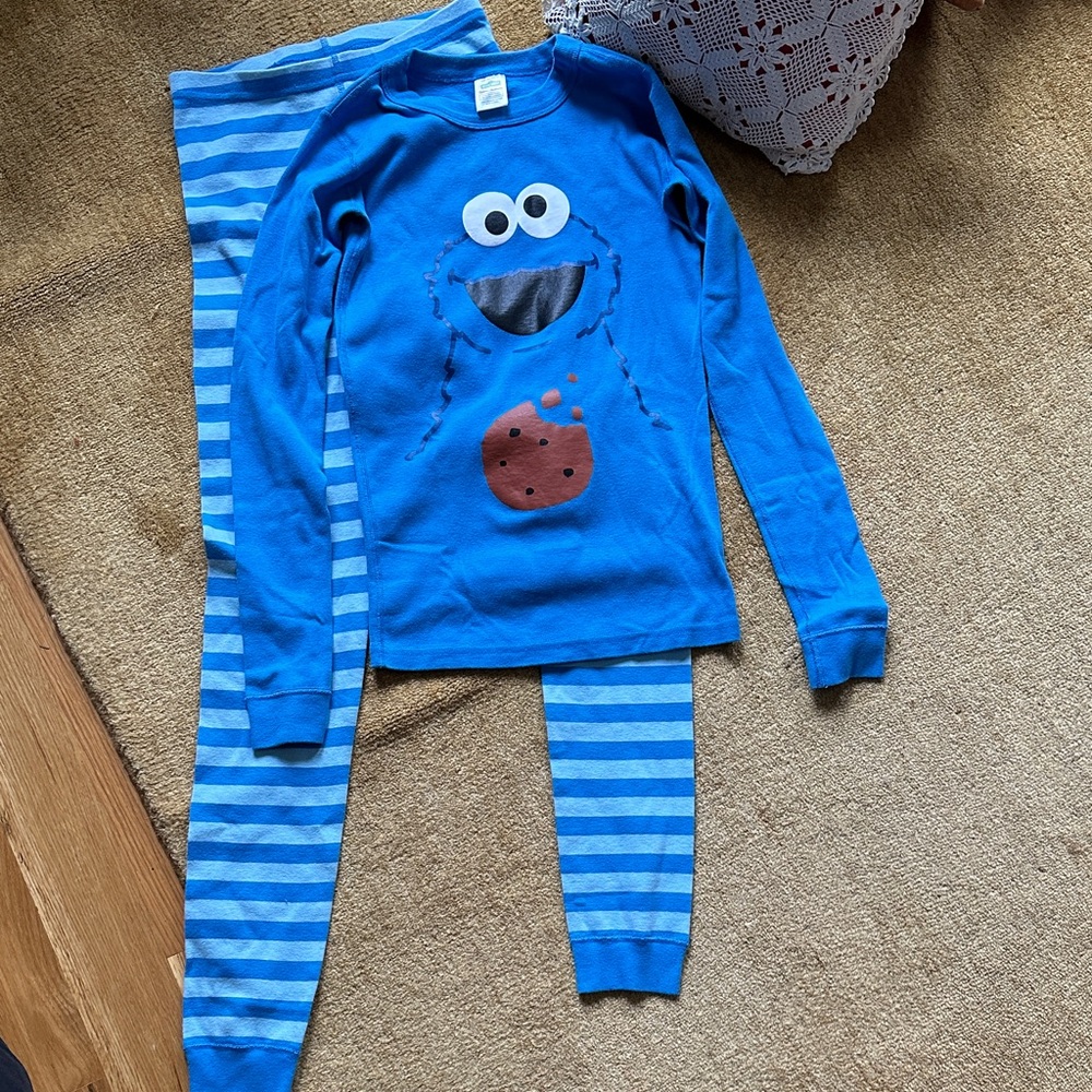 Hanna Andersson Blue Striped Pajama Set,Cookie Monster /Sesame Street, size 12
